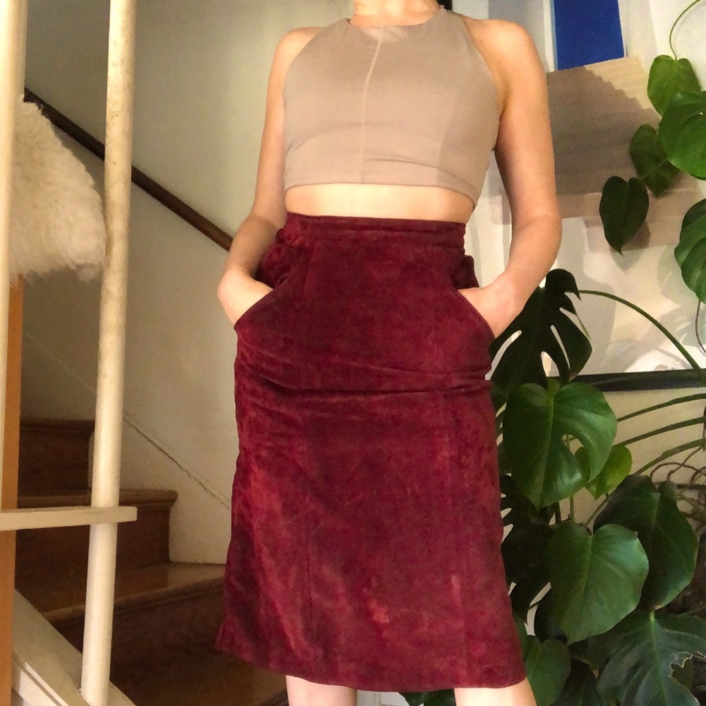 Vintage Genuine Leather Deep Red High Waisted Pencil Skirt 0 - Picture 1 of 16